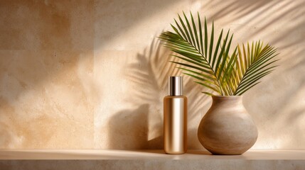 Golden Cosmetic Bottle And Vase With Palm Leaves On Textured Beige Background
