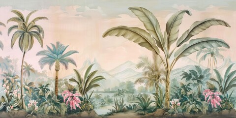Wallpaper serene tropical landscape painting in pastel tones	
