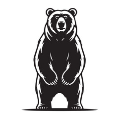 A black and white illustration of a bear standing on its hind legs, isolated on a white background.