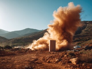 Dusty explosion on a dirt track, mountains in background