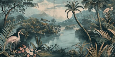 Wallpaper serene tropical landscape painting in pastel tones	
