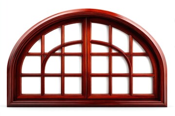 Ornate, arched window with a detailed wooden frame.