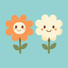 Obraz premium Two Cute Cartoon Flowers with Smiling Faces on a Light Blue Background Illustration