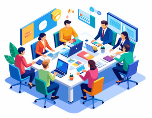 Isometric Business Meeting with Team Around White Table in Blue and Orange Tone Office Setting with Laptops and Presentation Screens
