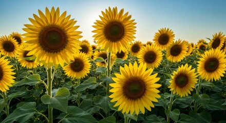 Obraz premium Vibrant sunflowers bask in sunlight, a vast field stretching to a clear sky