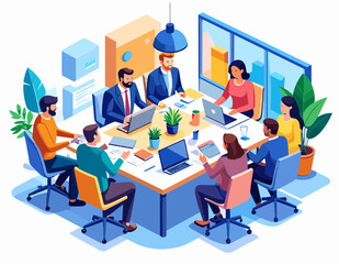 Isometric View of Business Team Meeting at Conference Table With Laptops and Documents in a Brightly Lit Office Environment