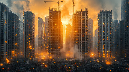 Fototapeta premium Burning Construction Site Cityscape at Sunset