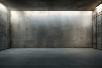 Empty concrete room with subtle lighting highlighting a large wall, creating a dramatic and minimalist atmosphere