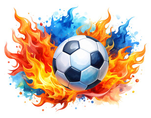 Fototapeta premium Set Watercolor Soccer Ball Engulfed in Blue-Orange Flames – Isolated PNG
