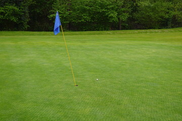 Obraz premium Golf ball lying near the hole on putting green with blue flag