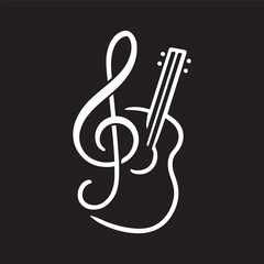 Fototapeta premium Minimalist Music Logo with Guitar and Treble Clef Icon on Black Background
