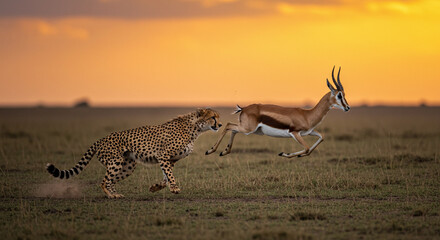 A powerful cheetah intensely pursues a swift gazelle across the vast golden savanna during a dramatic sunset.