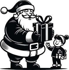 Santa claus giving a gift box to a kid silhouette Vector Illustration isolated on a white background