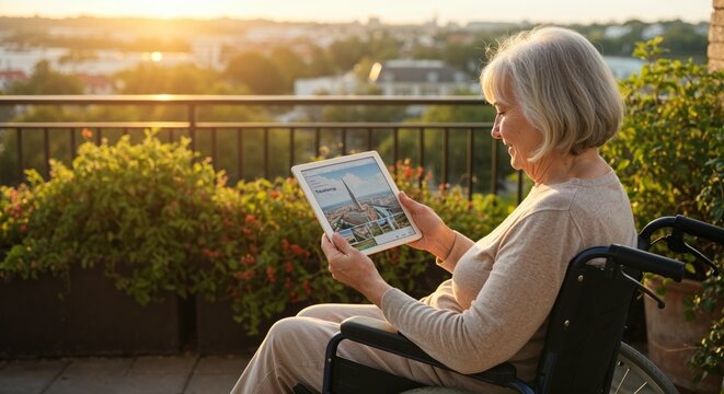 Elderly woman in wheelchair browsing travel blog on tablet on terrace in golden hour light - Powered by Adobe