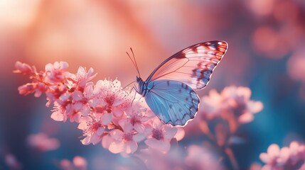 Delicate Butterfly Resting on Blossoming Flower in Soft Focus with Colorful Background and Gentle Lighting
