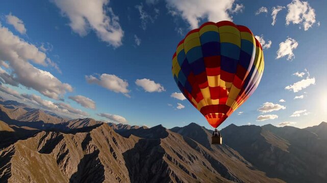 colorful hot air balloon flying gracefully over a vast mountain range under a bright blue sky, dramatic sunlight casting shadows on the peaks