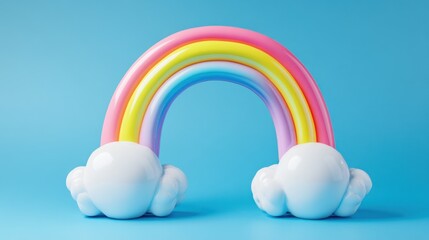 Pastel Rainbow and Clouds on Blue Background: A Whimsical 3D Render