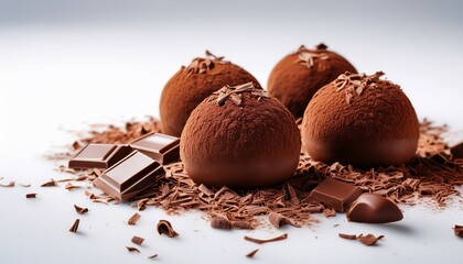 white background with gourmet truffles topped with chocolate shavings minimalist and clean presentation luxury treat for american chocolate week