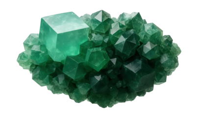 Fluorite specimen with cubic and dodecahedral forms intergrown, displaying a gradient of green