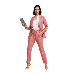Confident young woman in a stylish light pink business suit standing with a serious expression, isolated transparent background