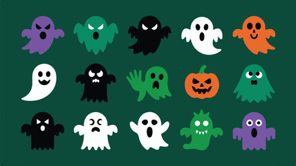 Fototapeta premium Vector art of collection of cute and spooky halloween ghosts and pumpkin isolated on green background