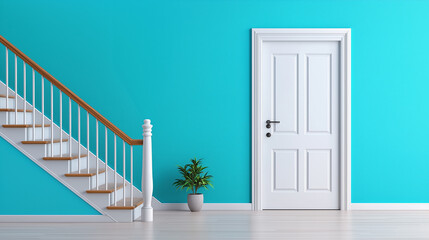 Fototapeta premium Bright blue wall with white door and staircase in modern interior
