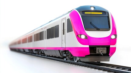 Fototapeta premium Modern passenger train, bright colors, three-quarter front, white seamless background, cheerful