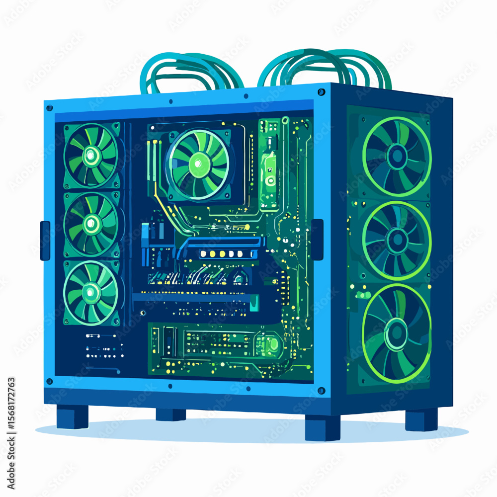 Fototapete Pixel Art Computer Case with Green Cooling Fans and Blue Frame on White Background Electronic Components and Internal Hardware