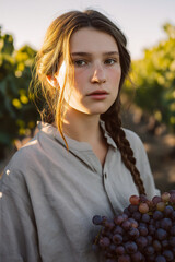 Young Woman Holding Grapes in Vineyard at Sunset