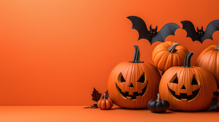 Festive Halloween pumpkins with bats in vibrant orange setting