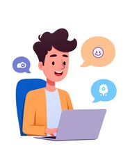 Young man working on laptop with chat icons around
