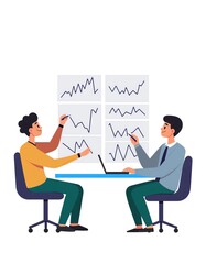 Two office workers analyzing financial charts, stylized business illustration on white background
