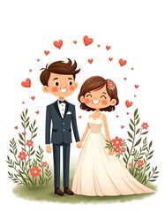 Cute cartoon wedding couple surrounded by hearts and flowers, stylized illustration on white background
