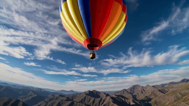 colorful hot air balloon flying gracefully over a vast mountain range under a bright blue sky, dramatic sunlight casting shadows on the peaks