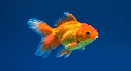 A vibrant orange goldfish with flowing fins gracefully swims against a deep blue backdrop