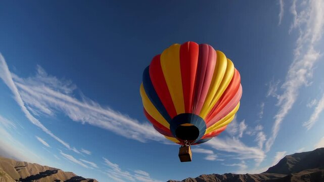 colorful hot air balloon flying gracefully over a vast mountain range under a bright blue sky, dramatic sunlight casting shadows on the peaks