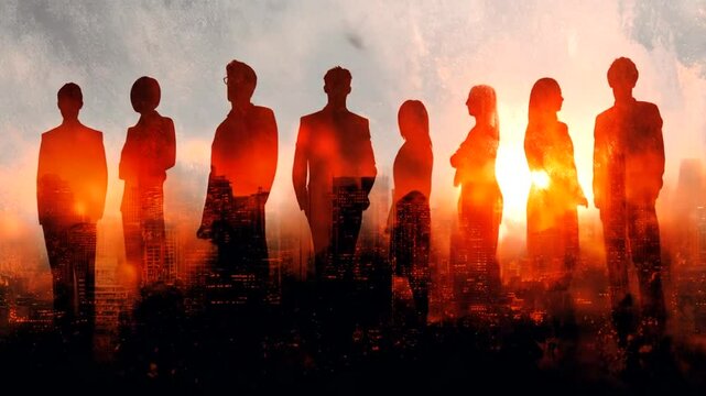 Silhouettes of business people in a city skyline at sunrise