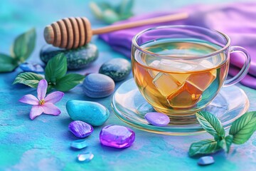 Refreshing Glass of Iced Tea with Mint Leaves and Colorful Stones in a Relaxing Zen Setting