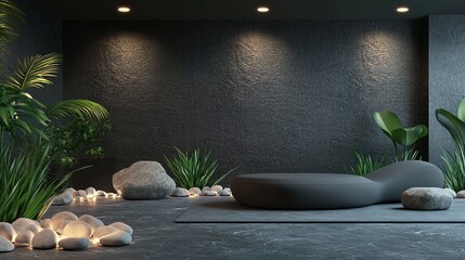 Modern interior design with a minimalist aesthetic featuring elegant plants, smooth stones, and ambient lighting on a sleek dark backdrop.