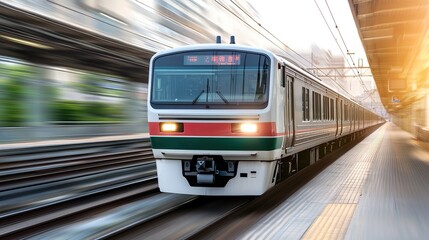 Naklejka premium Passenger express train, dynamic front, pure white backdrop, motion blur subtle, speed