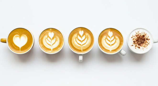Set of paper take away cups of different coffee latte or cappuccino isolated on white background, top view 02