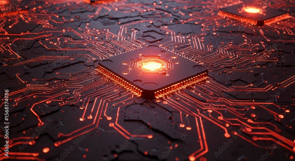 Poster glowing central processor unit on a dark red circuit board, surrounded by smaller processors