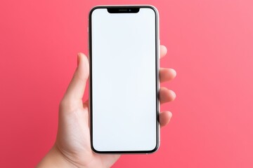 Woman holding modern smartphone with white screen on a pink background