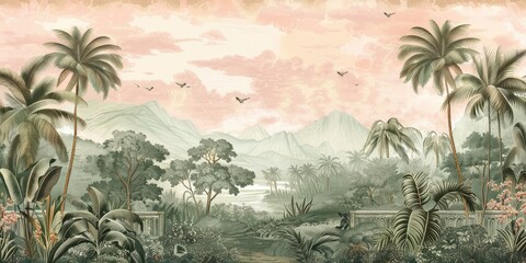 Wallpaper serene tropical landscape painting in pastel tones