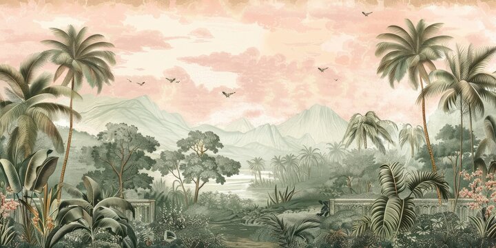 Fototapeta Wallpaper serene tropical landscape painting in pastel tones