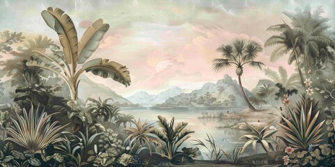 Wallpaper serene tropical landscape painting in pastel tones