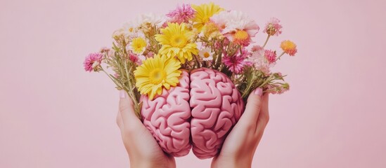 Blossoming intellect: human brain embraced by hands amidst vibrant flower bouquet