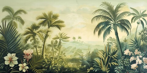 Wallpaper serene tropical landscape painting in pastel tones