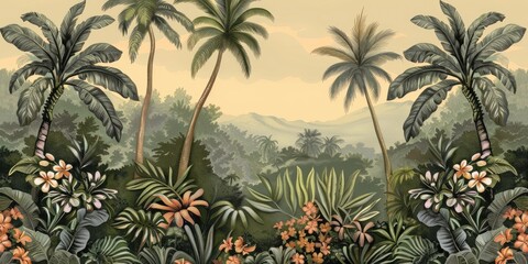 Wallpaper serene tropical landscape painting in pastel tones