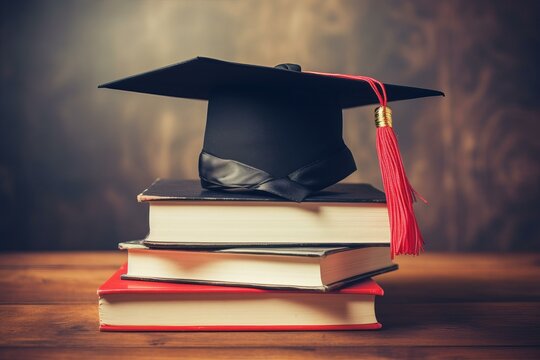 Graduation cap with red tassel resting on a stack of books, representing academic achievement and the pursuit of knowledge